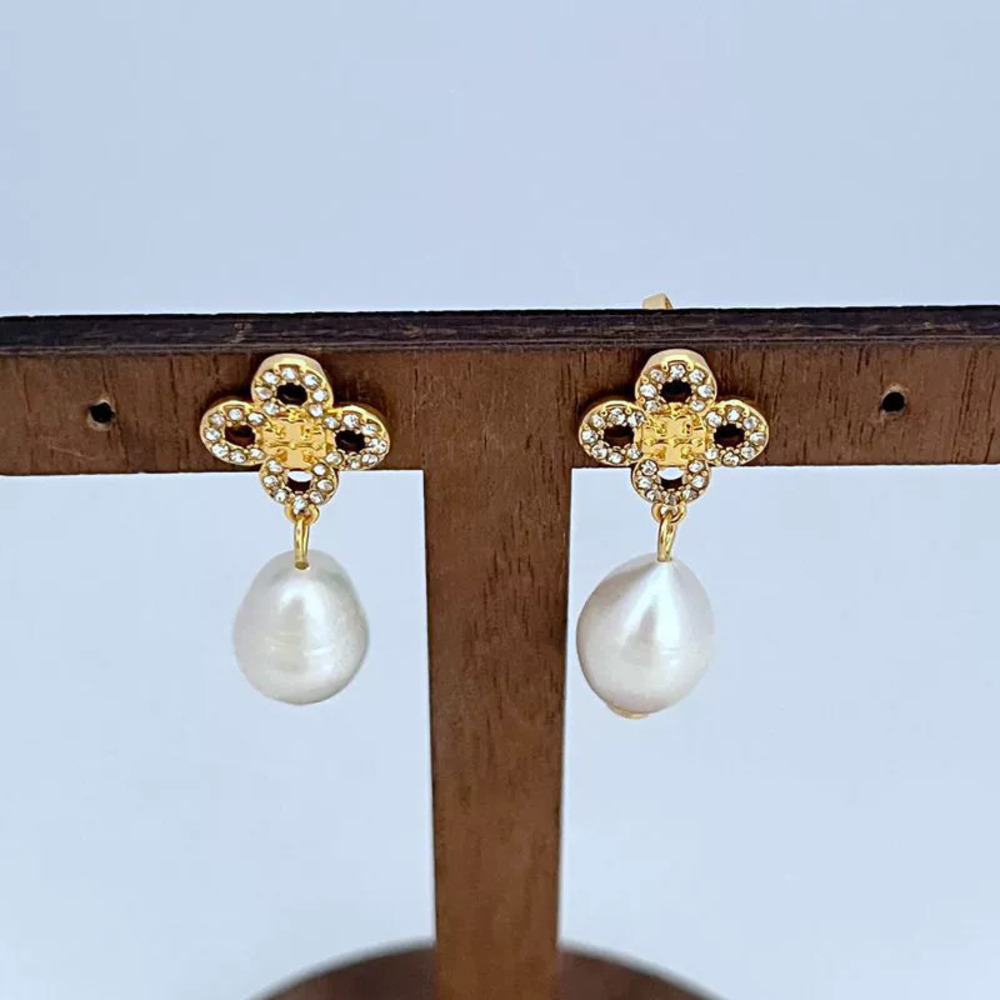 Tory Burch Hollow Clover CZ Freshwater Pearl Earrings